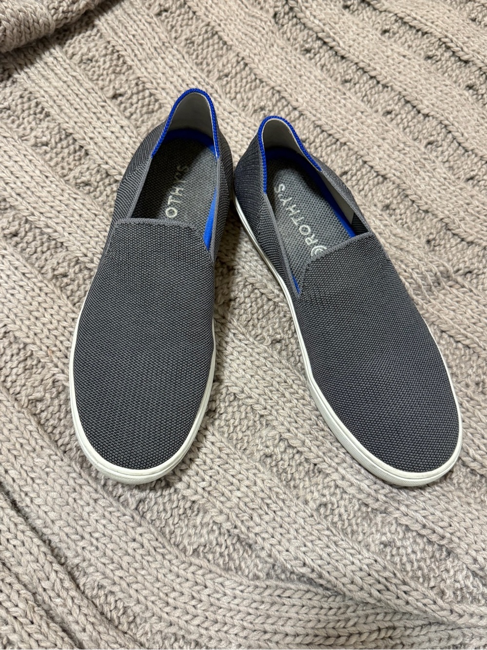 Rothy's Women Gray Slip-On Loafers with Blue Trim